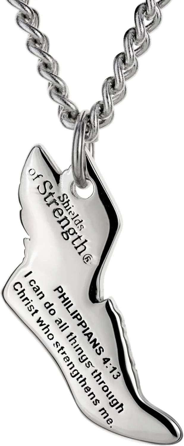 Shields of Strength Women's Stainless Steel Winged Track Shoe Philippians 4:13 Necklace Pendant Cross Country Athletes Contemporary Faith Reminder