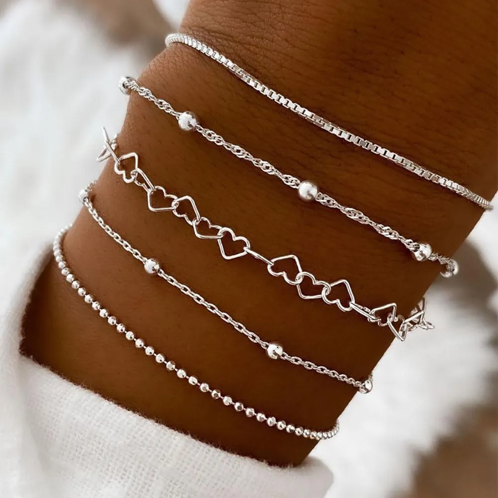Silver Stackable Bracelets Set for Women,Dainty Gold Heart Chain Bracelet Pack Trendy Stack Link Bracelets,Boho Jewelry Accessories Gift for Lover