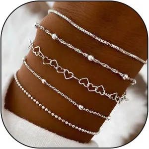 Silver Stackable Bracelets Set for Women,Dainty Gold Heart Chain Bracelet Pack Trendy Stack Link Bracelets,Boho Jewelry Accessories Gift for Lover