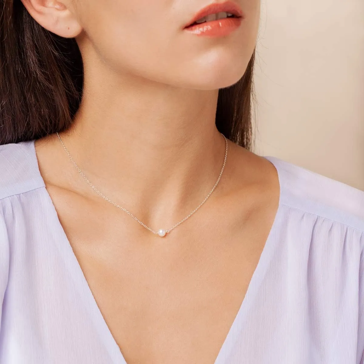 Single Pearl Choker Necklace, 925 Sterling Silver or 14K Gold Filled Fine Chain, Simple Dainty White Freshwater Pear Pendant, Made in USA, 13"-16" Adjustable