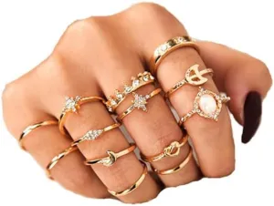 Sither 13 Pcs Women Rings Set Knuckle Rings Gold Bohemian Rings Vintage Gem Crystal Rings Joint Knot Ring Sets for Teens Party Daily Fesvital Jewelry Gift(style3)