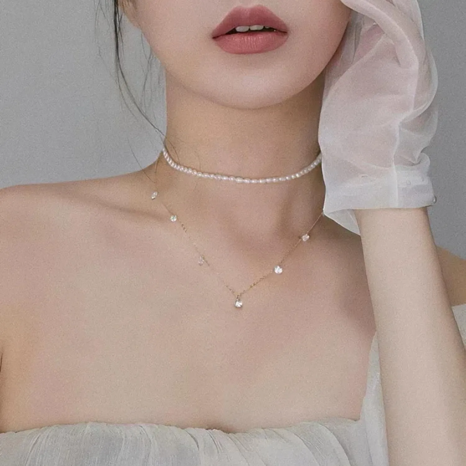 Small Freshwater Rice Pearl Strand 15" Gold Cultured Pearl Necklace for Women Wedding Pearl Choker Handmade Jewelry