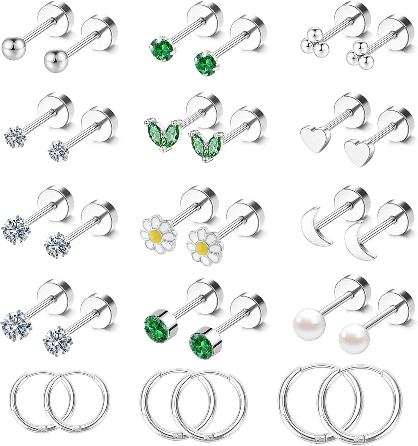 Small Hypoallergenic 14K Gold Flat Back Stud Earrings for Women Men Surgical Steel Cute Tiny Stack FlatBack Hoop Cartilage Earring Emerald Green Screw Back Lobe Helix Multiple Piercing Jewelry 20G