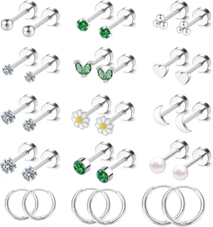 Small Hypoallergenic 14K Gold Flat Back Stud Earrings for Women Men Surgical Steel Cute Tiny Stack FlatBack Hoop Cartilage Earring Emerald Green Screw Back Lobe Helix Multiple Piercing Jewelry 20G