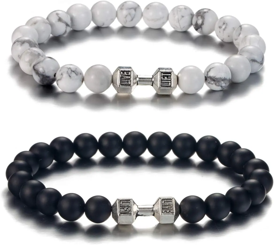 Softones Black Charm Dumbbell Bracelets for Men Women Natural Stone Dumbbell Beads Bracelets Set Gifts