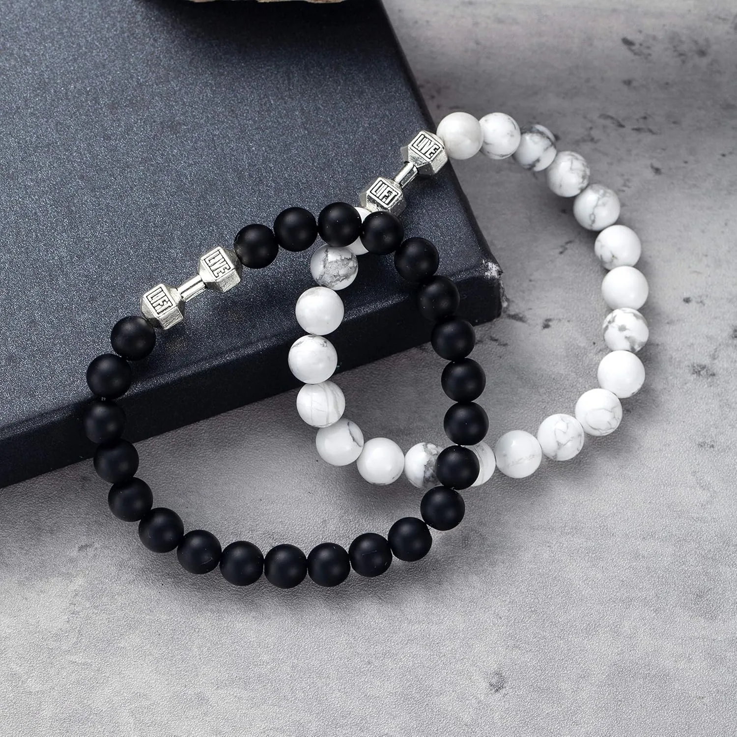 Softones Black Charm Dumbbell Bracelets for Men Women Natural Stone Dumbbell Beads Bracelets Set Gifts