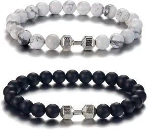 Softones Black Charm Dumbbell Bracelets for Men Women Natural Stone Dumbbell Beads Bracelets Set Gifts
