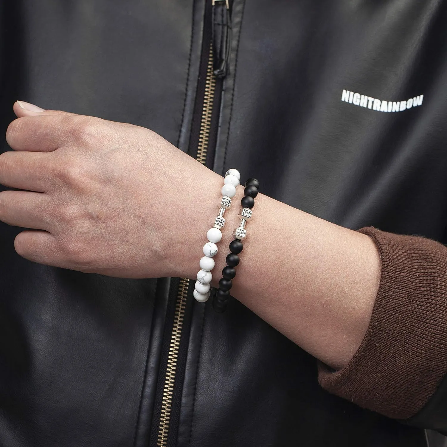 Softones Black Charm Dumbbell Bracelets for Men Women Natural Stone Dumbbell Beads Bracelets Set Gifts