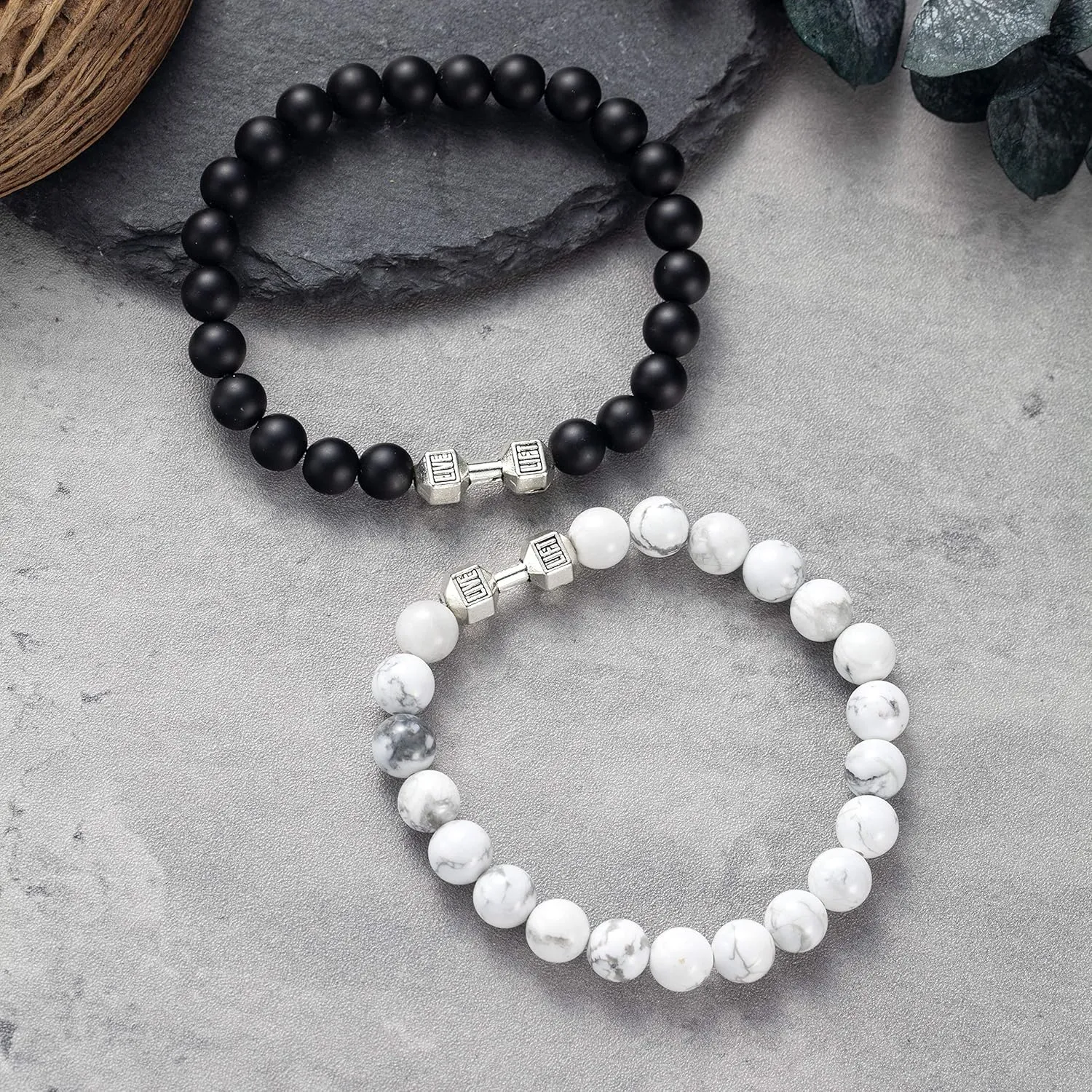 Softones Black Charm Dumbbell Bracelets for Men Women Natural Stone Dumbbell Beads Bracelets Set Gifts