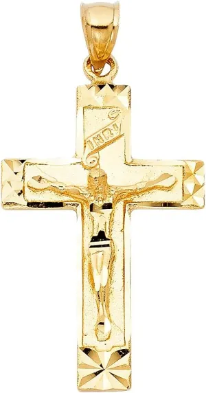 Solid 14k Yellow Gold Jesus INRI Cross Pendant Crucifix Charm Diamond Cut Polished Style 37 x 25 mm