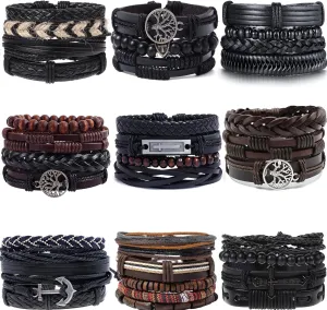 SONNYX 9 Pack Mens Leather Bracelets Set for Men Women Woven Wrist Cuff Bracelets Hemp Cords Wooden Beads Ethnic Tribal Handmade Wrap Adjustable Wristband Bracelets
