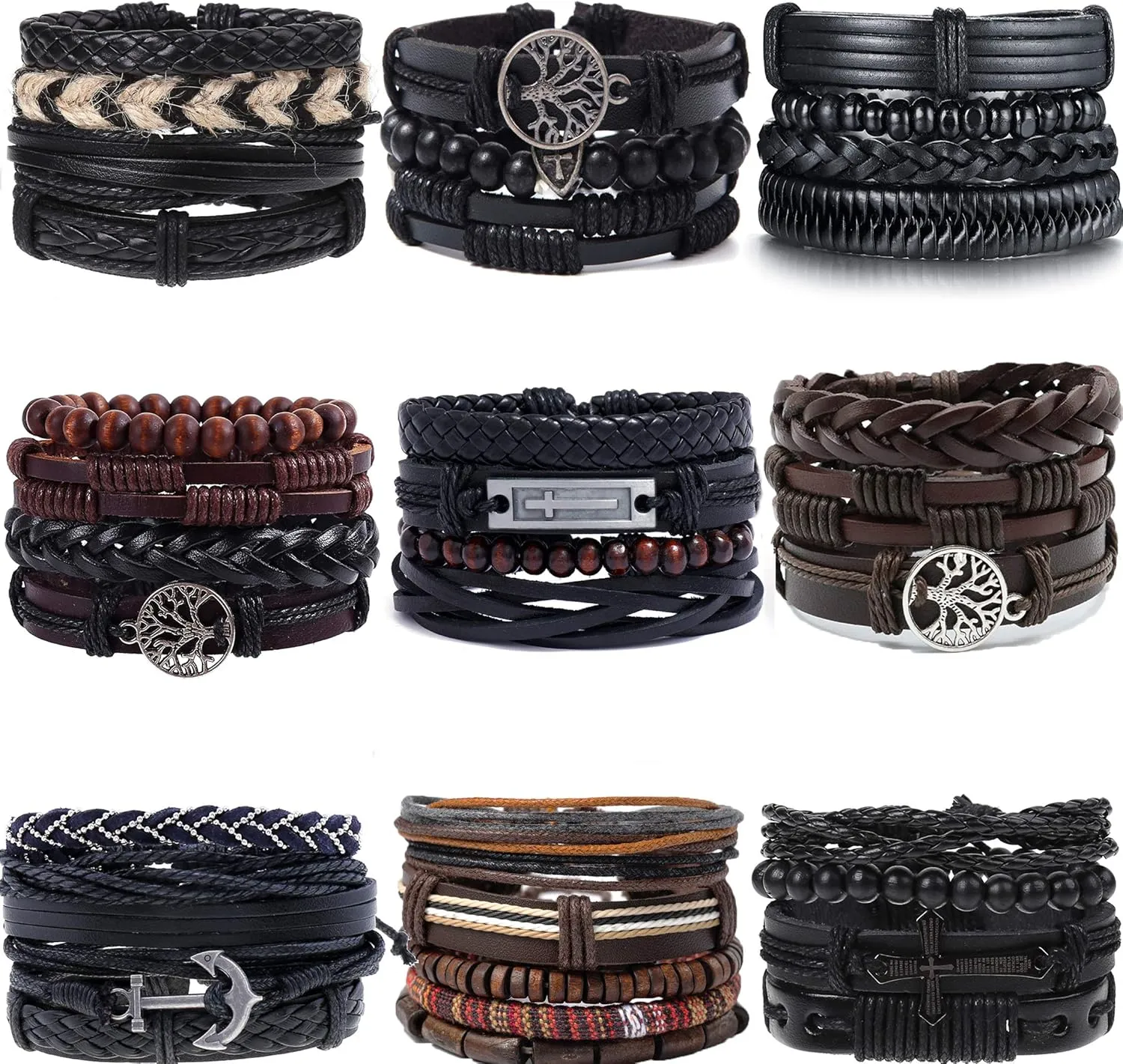 SONNYX 9 Pack Mens Leather Bracelets Set for Men Women Woven Wrist Cuff Bracelets Hemp Cords Wooden Beads Ethnic Tribal Handmade Wrap Adjustable Wristband Bracelets