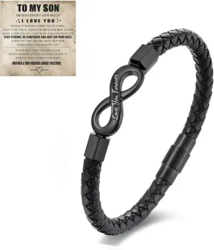 Son's Infinity Knot Bracelet, Forever Linked Together Bracelet for My Son To My Son Infinity Knot Leather Bracelet From Mom Stainless Steel Engraved Jewelry for Birthday Christmas