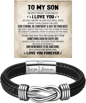 Son's Infinity Knot Bracelet, To My Son Infinity Knot Leather Bracelet From Mom Forever Linked Together Bracelets for My Son Stainless Steel Engraved Jewelry for Birthday Christmas