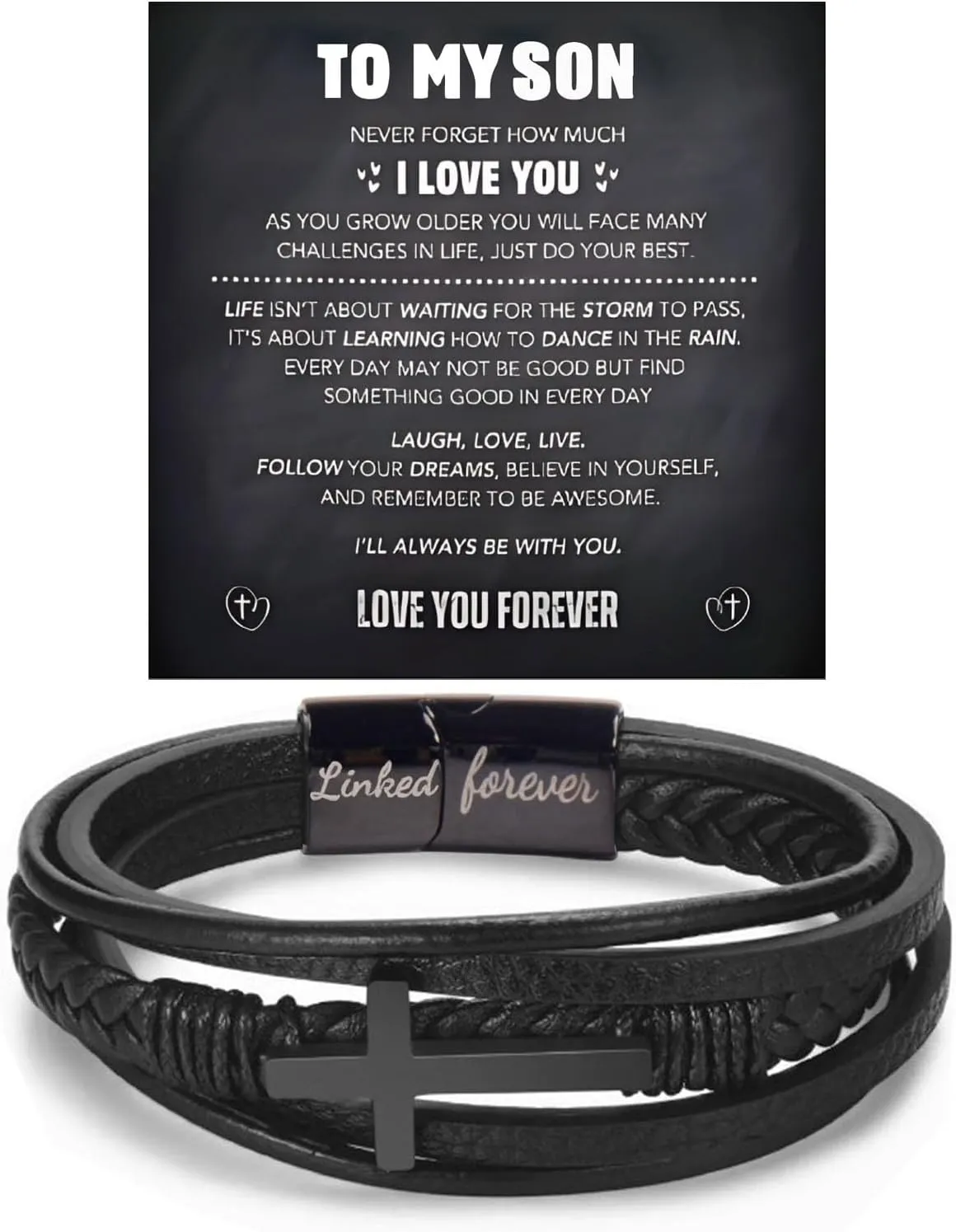 Son's Infinity Knot Bracelet, To My Son Infinity Knot Leather Bracelet From Mom Forever Linked Together Bracelets for My Son Stainless Steel Engraved Jewelry for Birthday Christmas