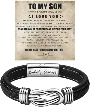 Son's Infinity Knot Bracelet, To My Son Infinity Knot Leather Bracelet From Mom Forever Linked Together Bracelets for My Son Stainless Steel Engraved Jewelry for Birthday Christmas