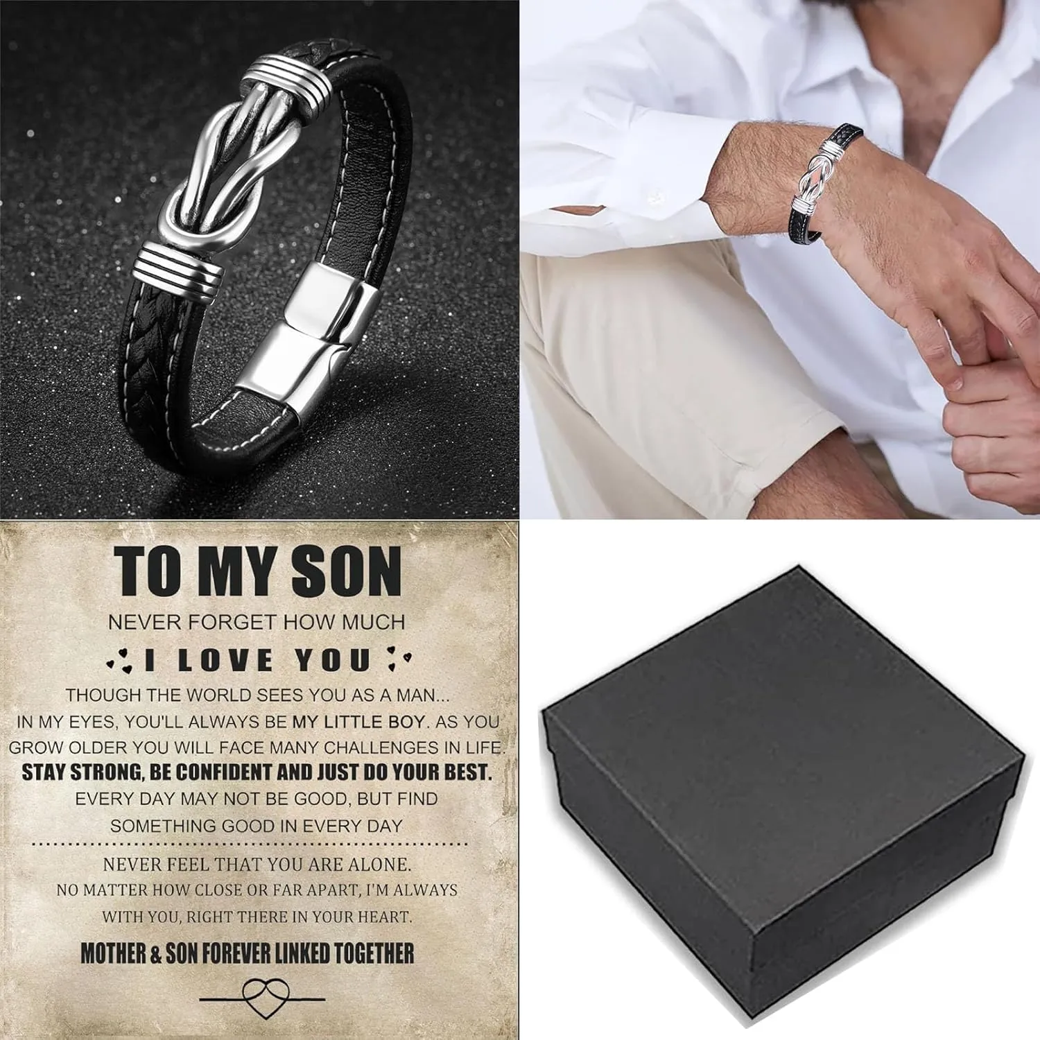 Son's Infinity Knot Bracelet, To My Son Infinity Knot Leather Bracelet From Mom Forever Linked Together Bracelets for My Son Stainless Steel Engraved Jewelry for Birthday Christmas