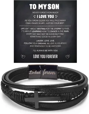 Son's Infinity Knot Bracelet, To My Son Infinity Knot Leather Bracelet From Mom Forever Linked Together Bracelets for My Son Stainless Steel Engraved Jewelry for Birthday Christmas
