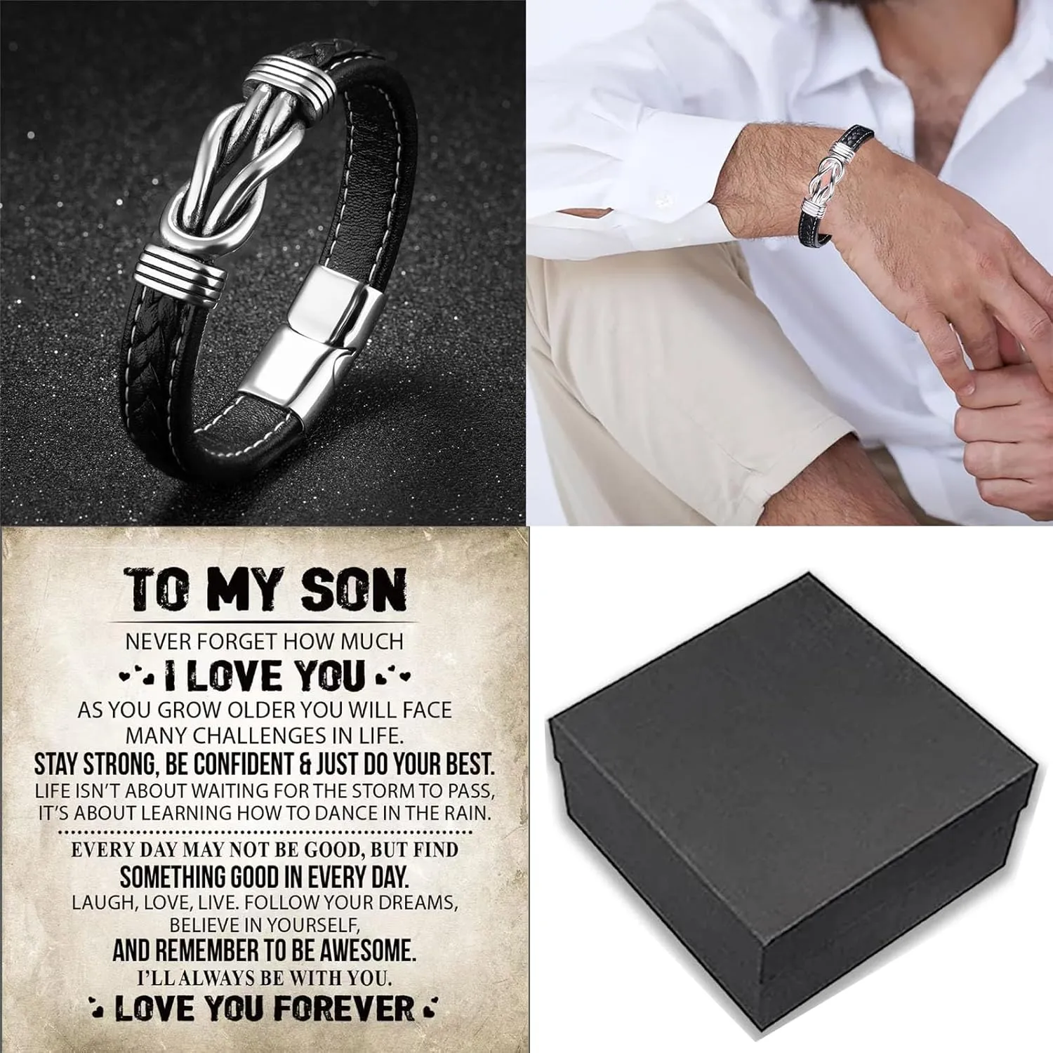 Son's Infinity Knot Bracelet, To My Son Infinity Knot Leather Bracelet From Mom Forever Linked Together Bracelets for My Son Stainless Steel Engraved Jewelry for Birthday Christmas