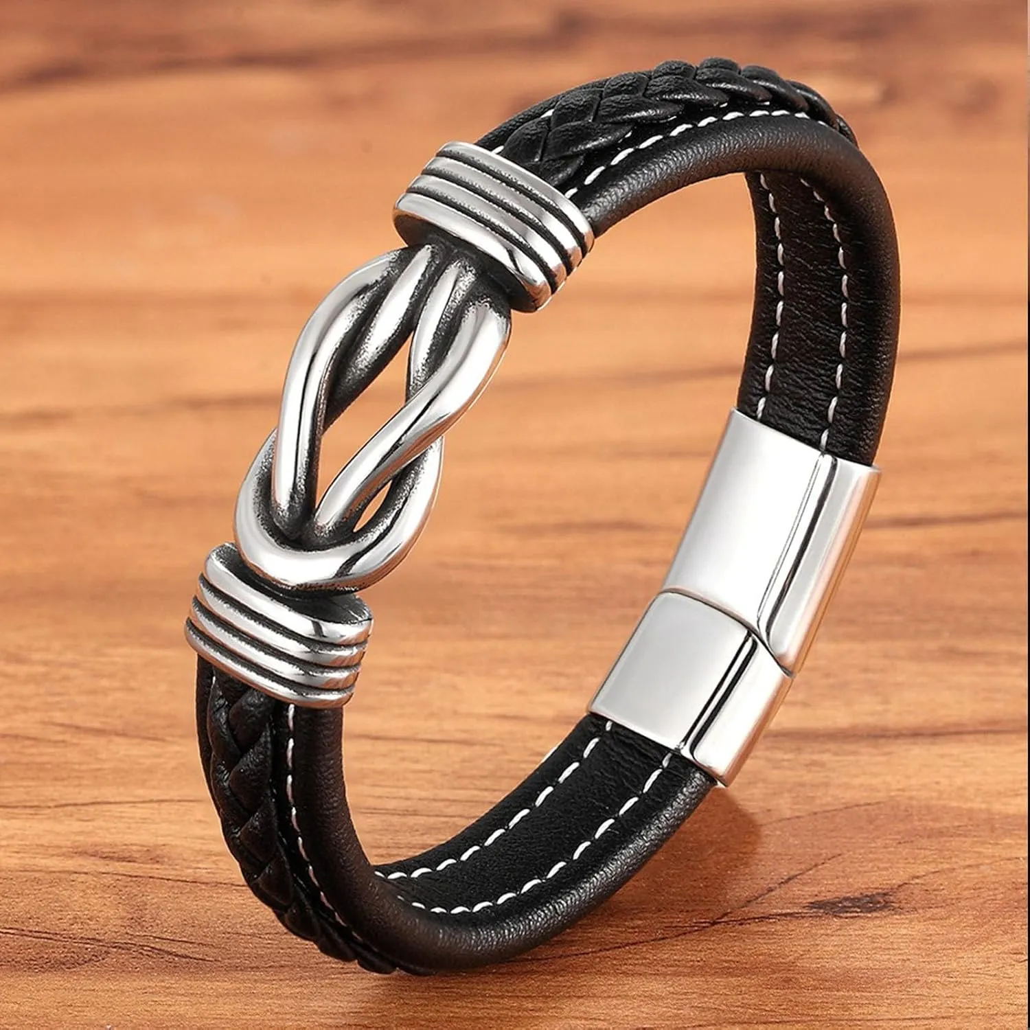 Son's Infinity Knot Bracelet, To My Son Infinity Knot Leather Bracelet From Mom Forever Linked Together Bracelets for My Son Stainless Steel Engraved Jewelry for Birthday Christmas