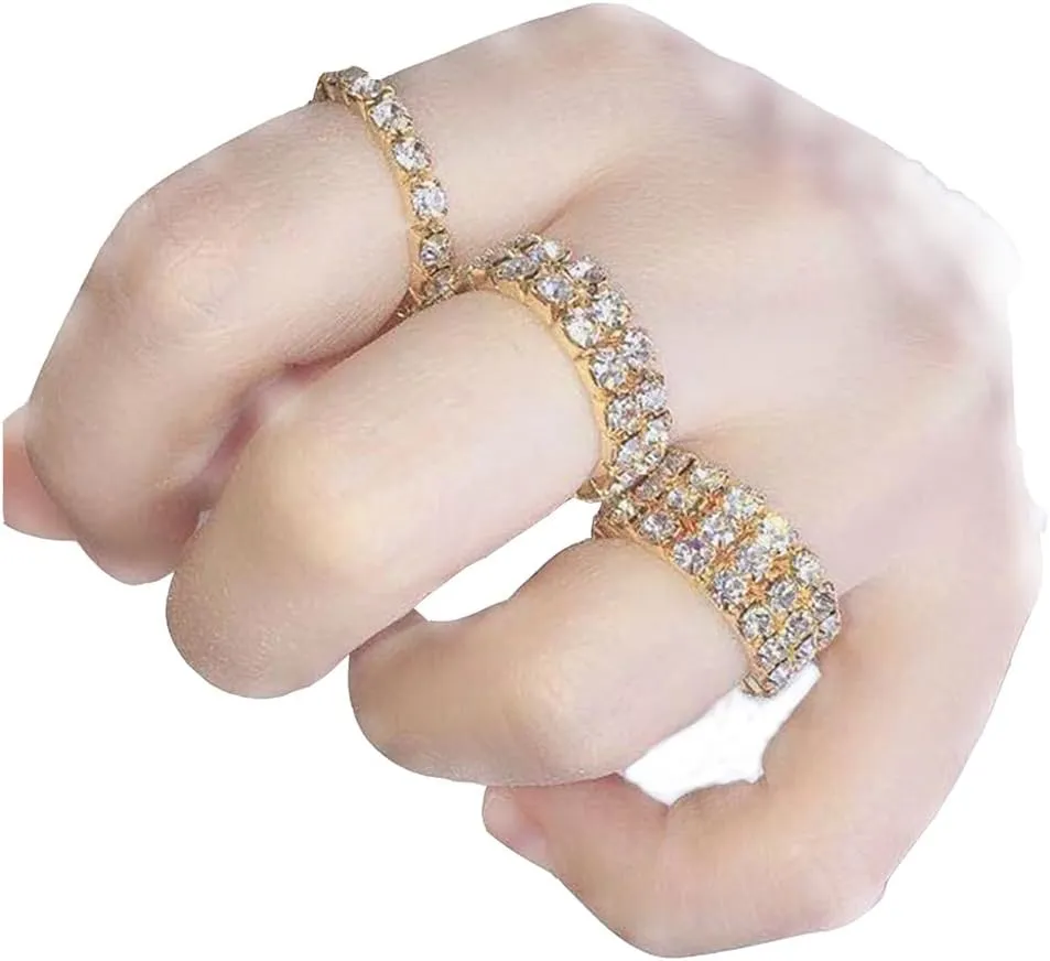 Sparkly Rhinestone Stackable Elastic Rings Set for Women Lady, Bling Silver Crystal Wide Band Finger Rings Trendy Multi-Row Stuff Jewelry Accessories Gift