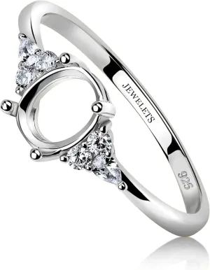 Sterling Silver Ring Blank  6x8mm Oval Prong Setting with 6 CZ Side Stones  DIY Jewelry Making, Semi Mount Ring Rhodium Plated (7.5)
