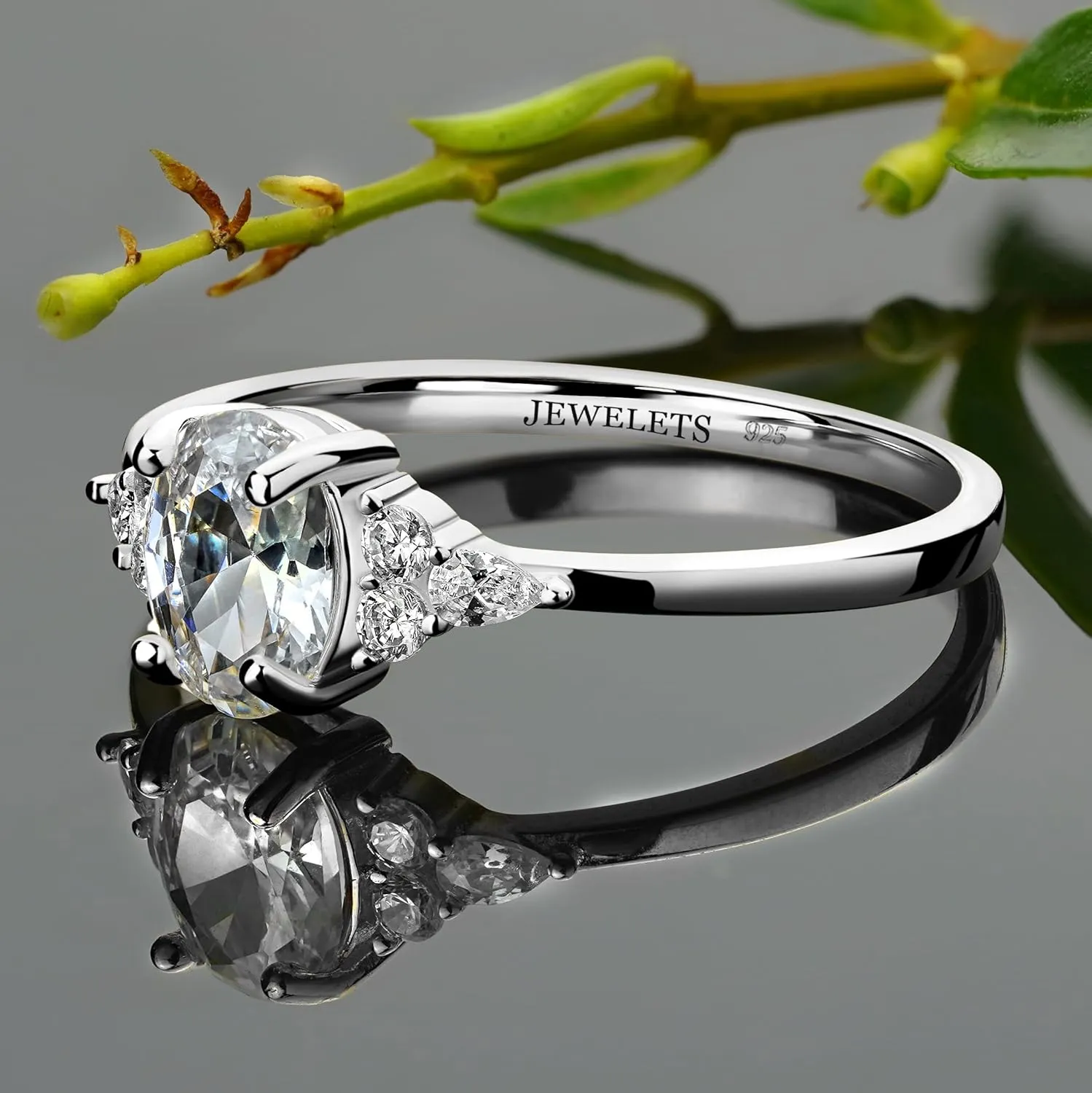 Sterling Silver Ring Blank  6x8mm Oval Prong Setting with 6 CZ Side Stones  DIY Jewelry Making, Semi Mount Ring Rhodium Plated (7.5)