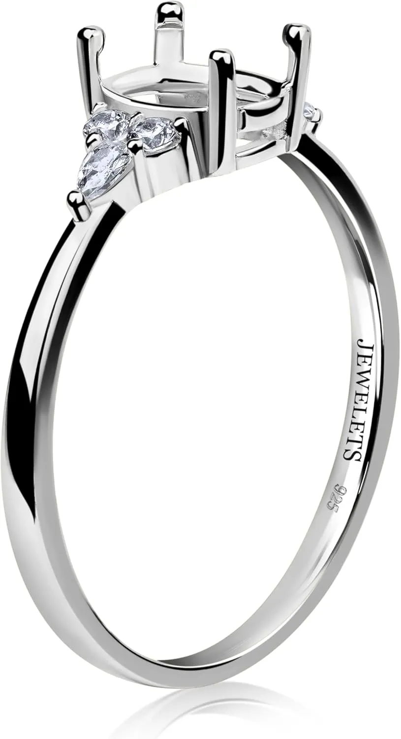 Sterling Silver Ring Blank  6x8mm Oval Prong Setting with 6 CZ Side Stones  DIY Jewelry Making, Semi Mount Ring Rhodium Plated (7.5)