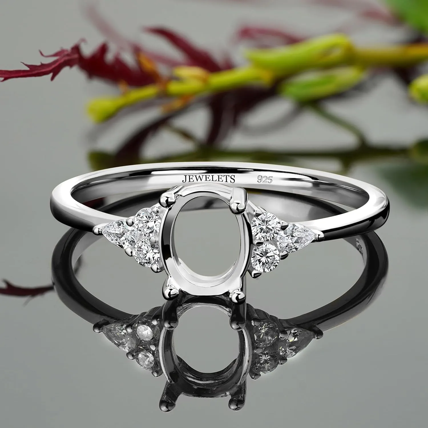 Sterling Silver Ring Blank  6x8mm Oval Prong Setting with 6 CZ Side Stones  DIY Jewelry Making, Semi Mount Ring Rhodium Plated (7.5)