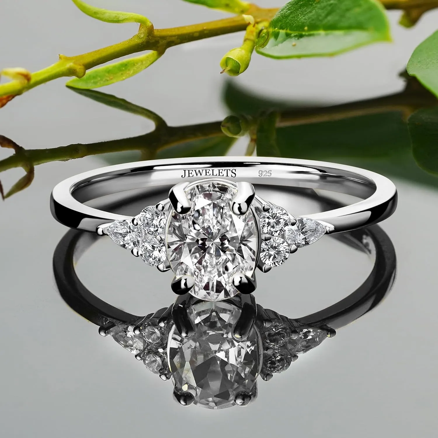 Sterling Silver Ring Blank  6x8mm Oval Prong Setting with 6 CZ Side Stones  DIY Jewelry Making, Semi Mount Ring Rhodium Plated (7.5)