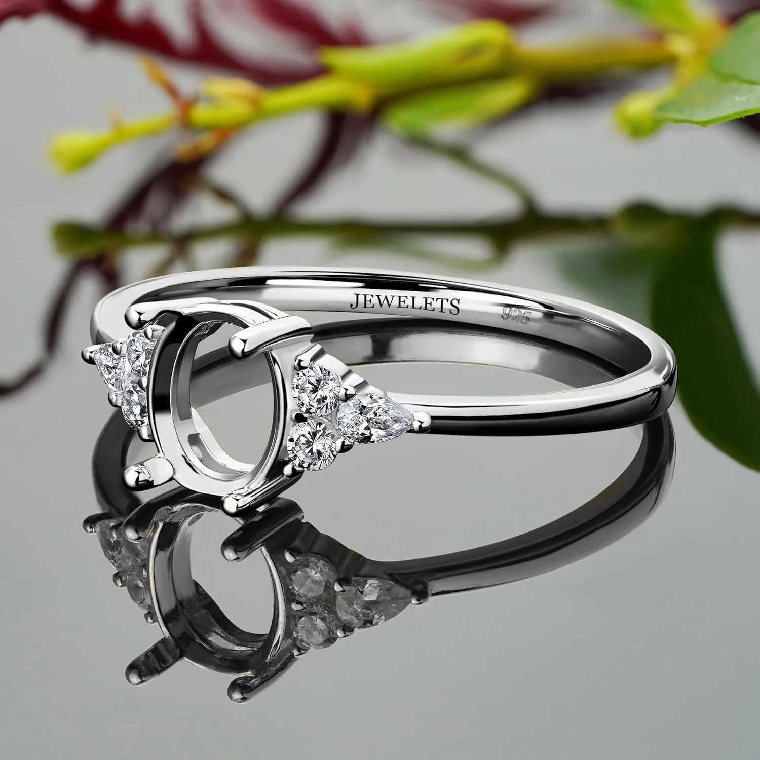 Sterling Silver Ring Blank  6x8mm Oval Prong Setting with 6 CZ Side Stones  DIY Jewelry Making, Semi Mount Ring Rhodium Plated (7.5)