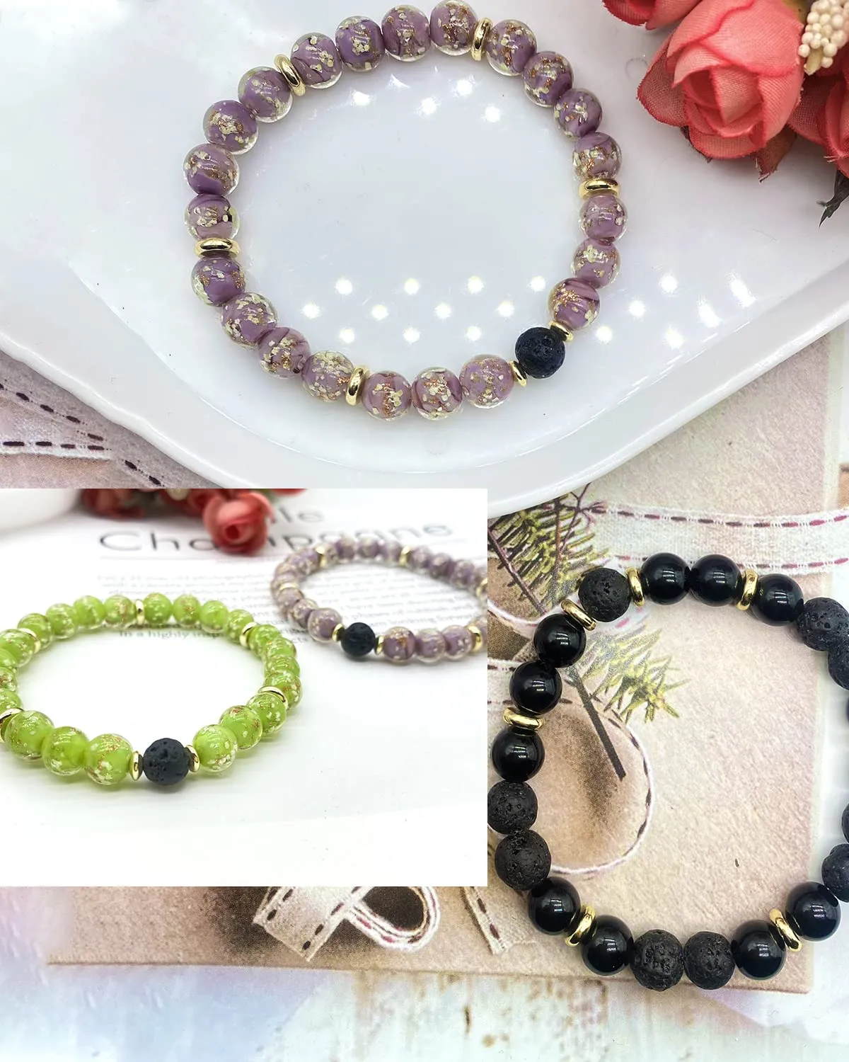 Stress Relief Spiritual Anxiety Meditation Relaxation Mindfulness Chakra Healing Crystals Essential Oil Glow Bracelets Gifts for Teen Girls Women (8mm, Fruit green lava bracelet)