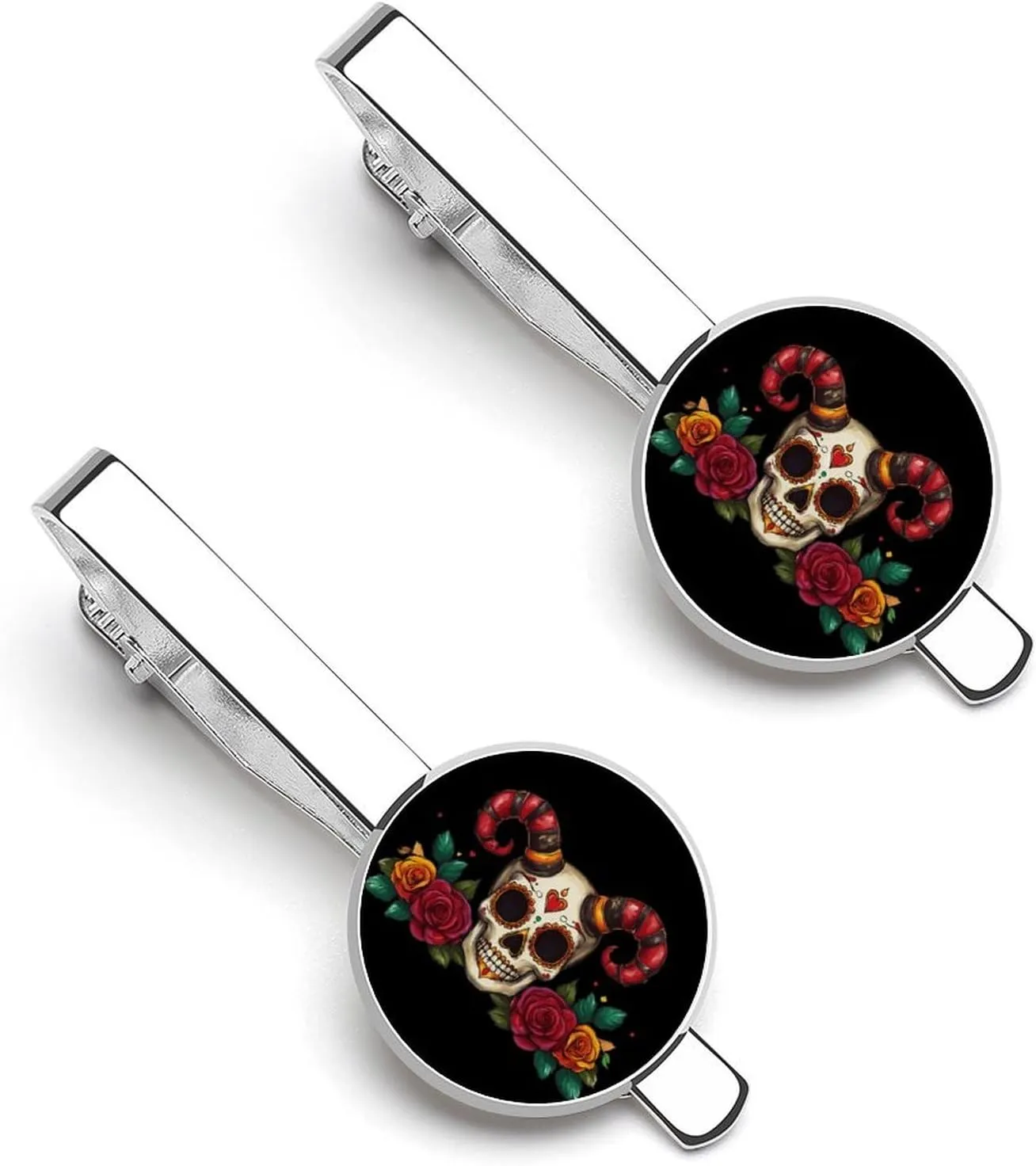 Sugar Skull with Horns Roses 1 Pair Mens Tie Clip Stylish Tie Bars Gift for Father Husband Boyfriend Business