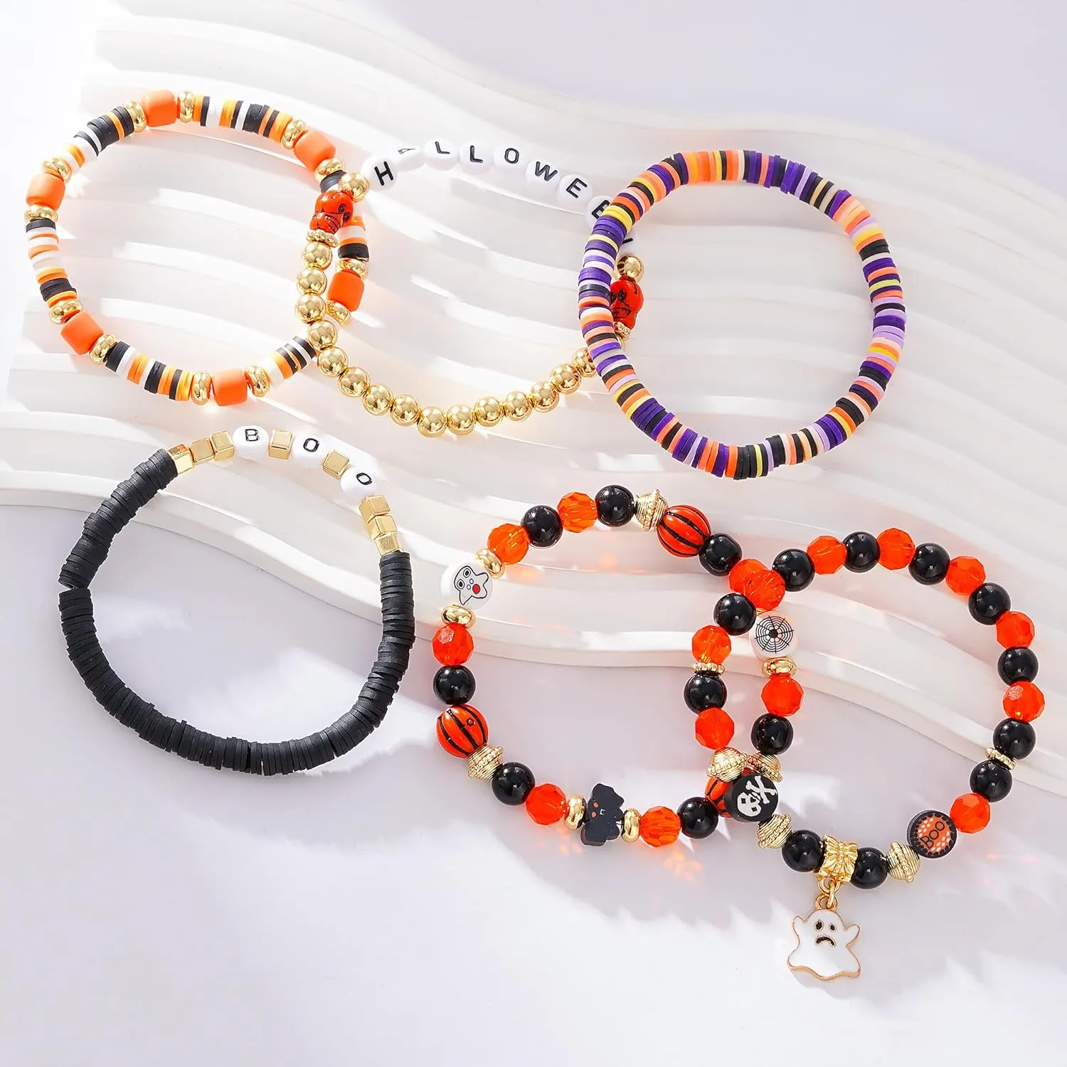 Summer Surfer Heishi Bracelet Set for Women Stackable Gold Clay Ploymer Bead Stretch Pink Beach Layering Bracelets Jewelry