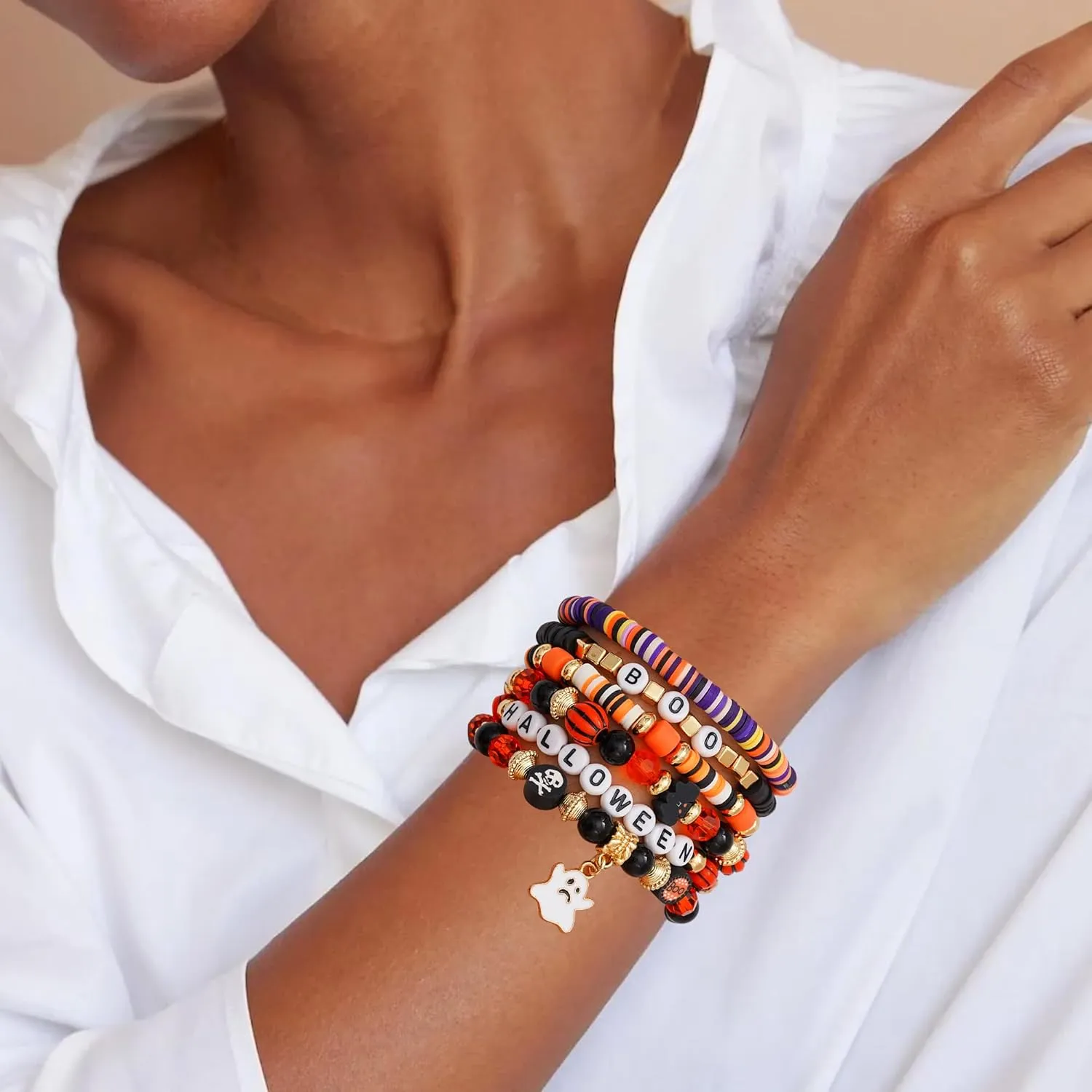 Summer Surfer Heishi Bracelet Set for Women Stackable Gold Clay Ploymer Bead Stretch Pink Beach Layering Bracelets Jewelry