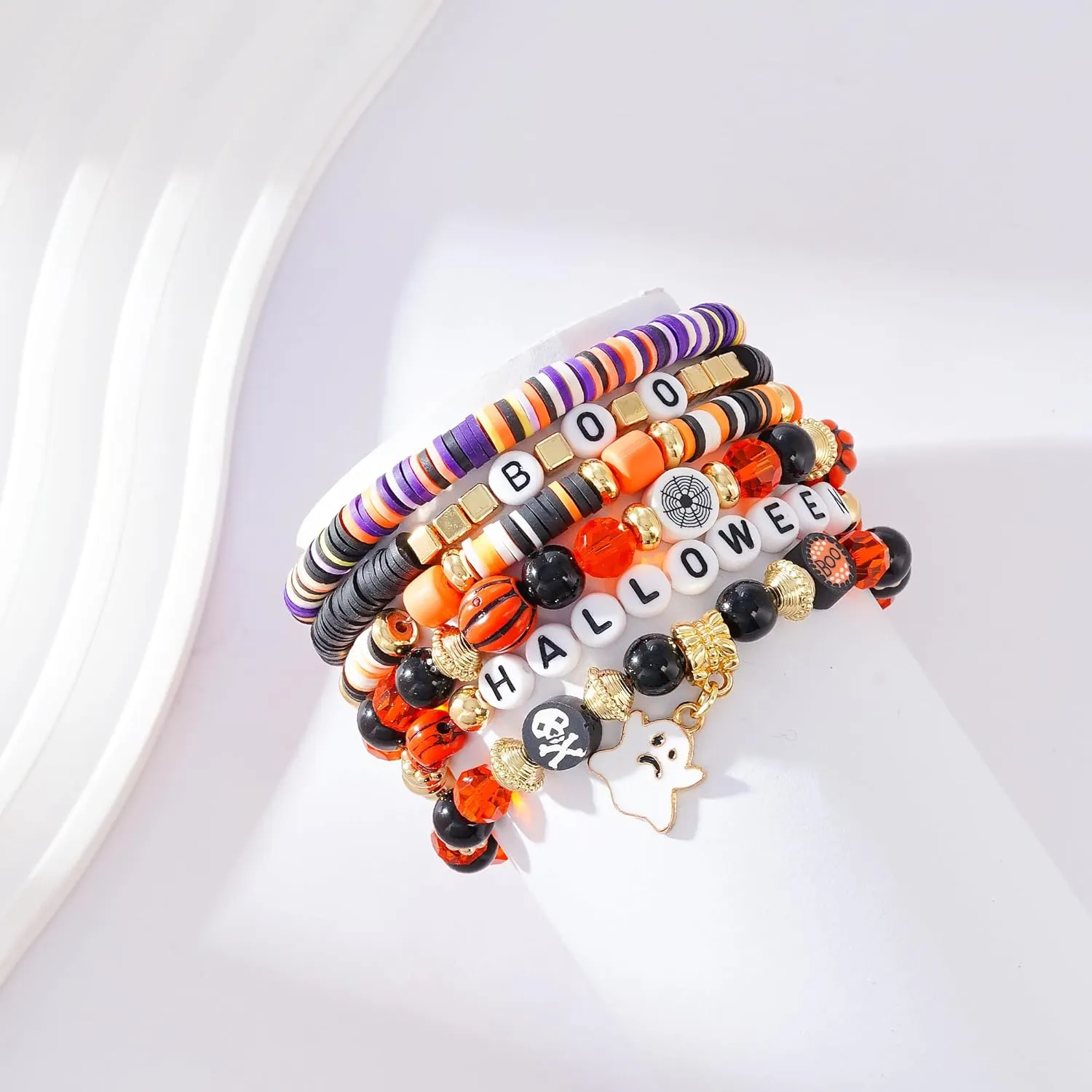 Summer Surfer Heishi Bracelet Set for Women Stackable Gold Clay Ploymer Bead Stretch Pink Beach Layering Bracelets Jewelry
