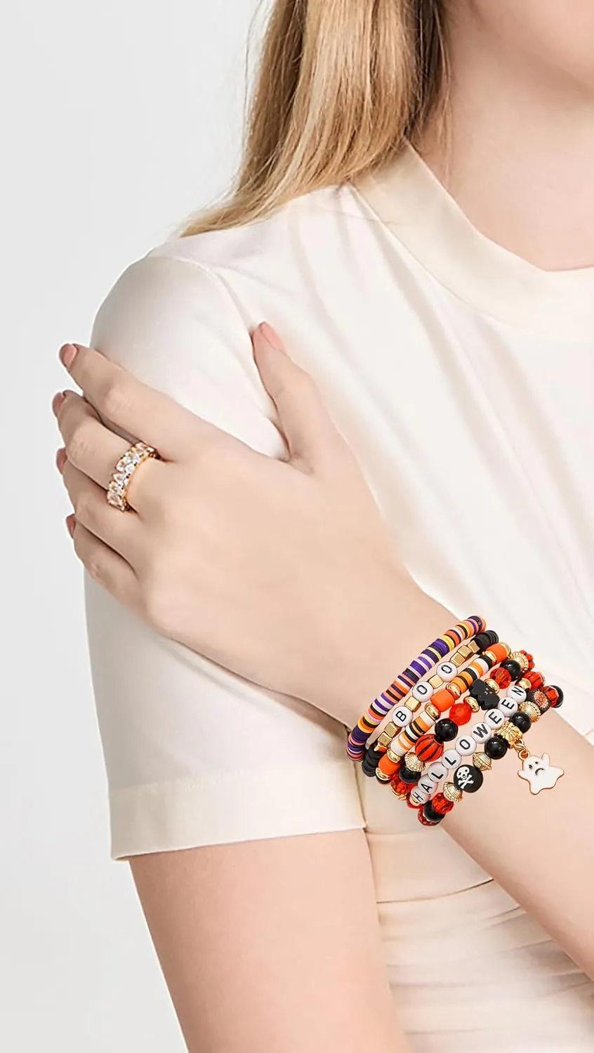 Summer Surfer Heishi Bracelet Set for Women Stackable Gold Clay Ploymer Bead Stretch Pink Beach Layering Bracelets Jewelry