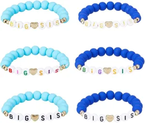 SUPERFINDINGS 6Pcs Big Sister Bracelet Blue Little Sis Bracelets Round Beaded Stretch Bracelet Fashion Announcement Bracelet Friendship Birthday Jewelry Gifts
