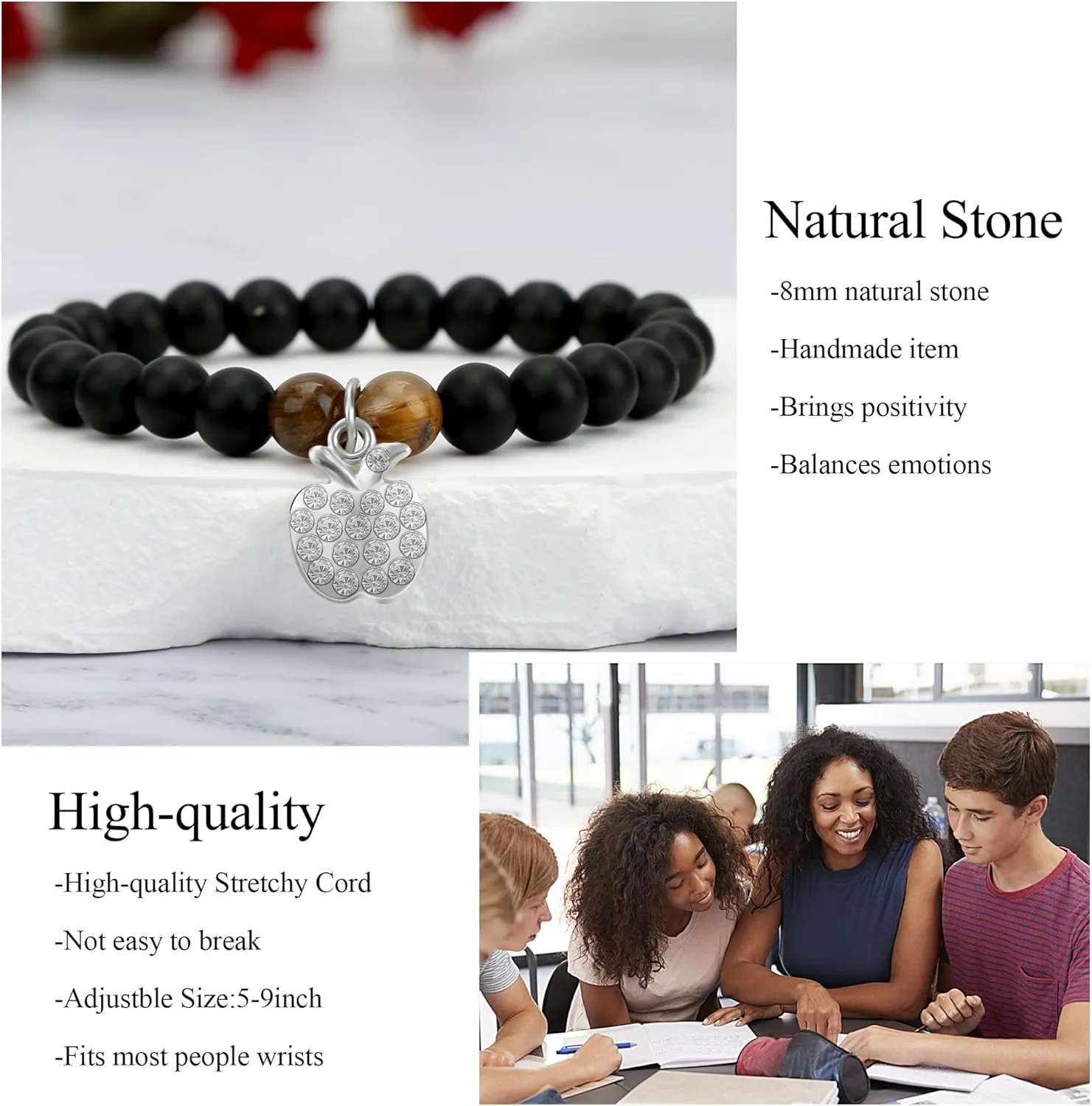 Teacher Appreciation Gifts Bracelets, Teacher Christmas Birthday Valentine Gifts for Women Men, Stretch Beads Bracelet Jewelry with Gift Message Card
