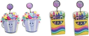 Teacher Student Dangle Earrings Acrylic Wood Cute Crayons Rainbow book Earrings for Women Girls Back to School Gradution Reading Events Jewelry for Teacher-3 pairs