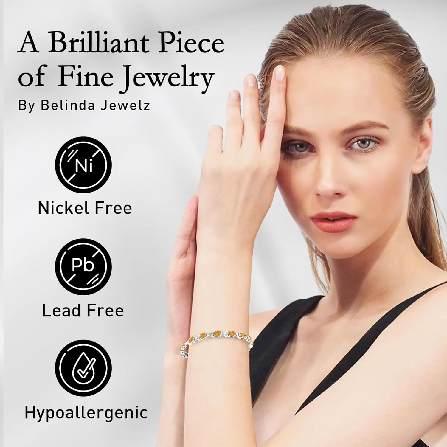 Tennis Bracelet for Women, 925 Sterling Silver Rhodium Plating with 6x4mm Oval Precious/Semi-Precious Birthstone Gemstones and 1.5mm Round Diamond, Bezel Style with Lobster Claw