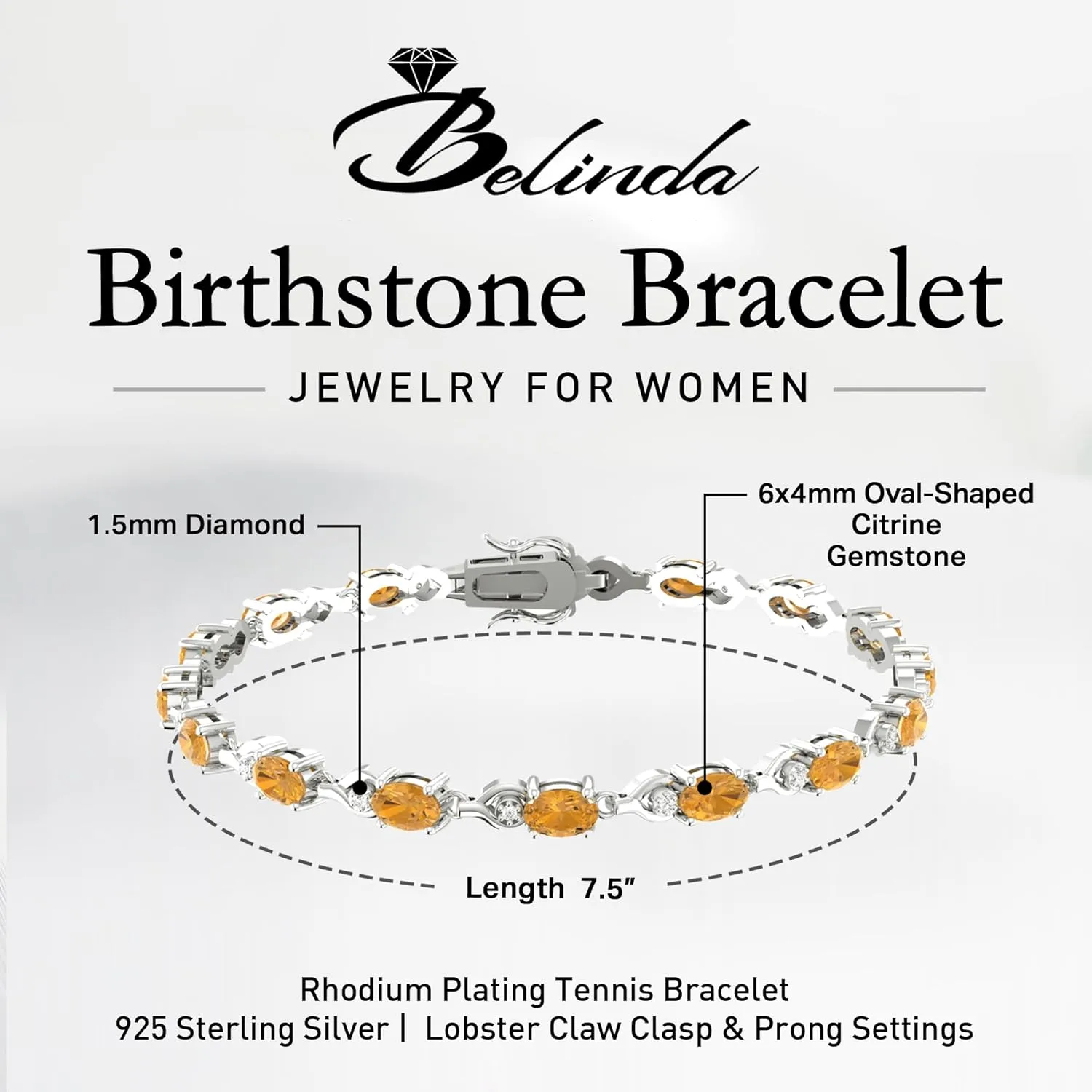 Tennis Bracelet for Women, 925 Sterling Silver Rhodium Plating with 6x4mm Oval Precious/Semi-Precious Birthstone Gemstones and 1.5mm Round Diamond, Bezel Style with Lobster Claw