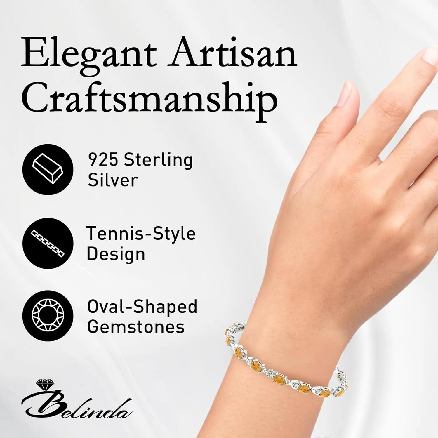 Tennis Bracelet for Women, 925 Sterling Silver Rhodium Plating with 6x4mm Oval Precious/Semi-Precious Birthstone Gemstones and 1.5mm Round Diamond, Bezel Style with Lobster Claw