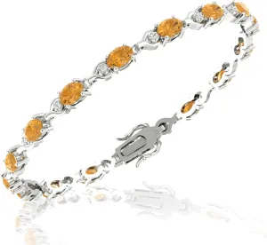 Tennis Bracelet for Women, 925 Sterling Silver Rhodium Plating with 6x4mm Oval Precious/Semi-Precious Birthstone Gemstones and 1.5mm Round Diamond, Bezel Style with Lobster Claw