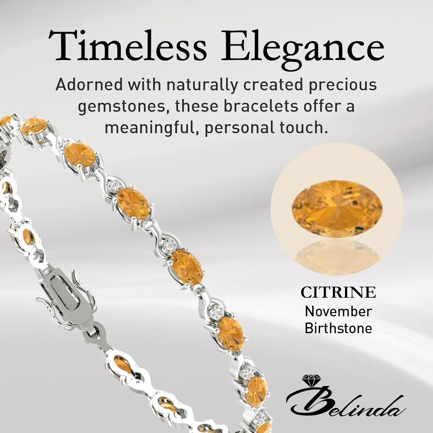Tennis Bracelet for Women, 925 Sterling Silver Rhodium Plating with 6x4mm Oval Precious/Semi-Precious Birthstone Gemstones and 1.5mm Round Diamond, Bezel Style with Lobster Claw