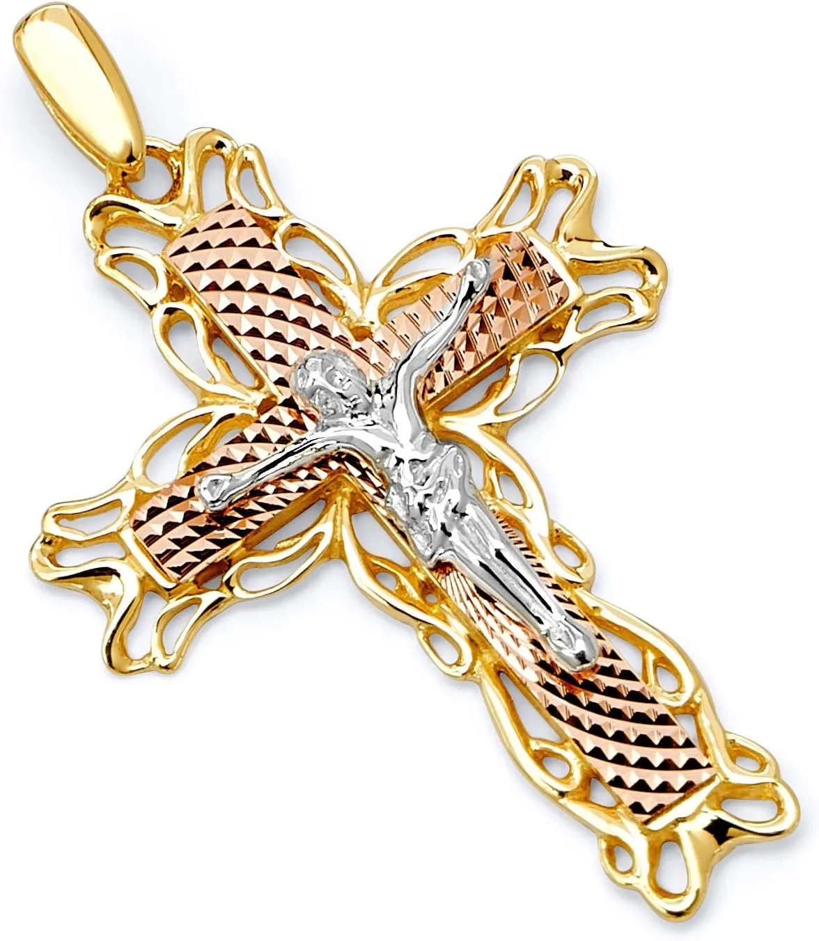 The World Jewelry Center 14k Real Tri Color Gold Religious Crucifix Jesus Cross Charm Pendant