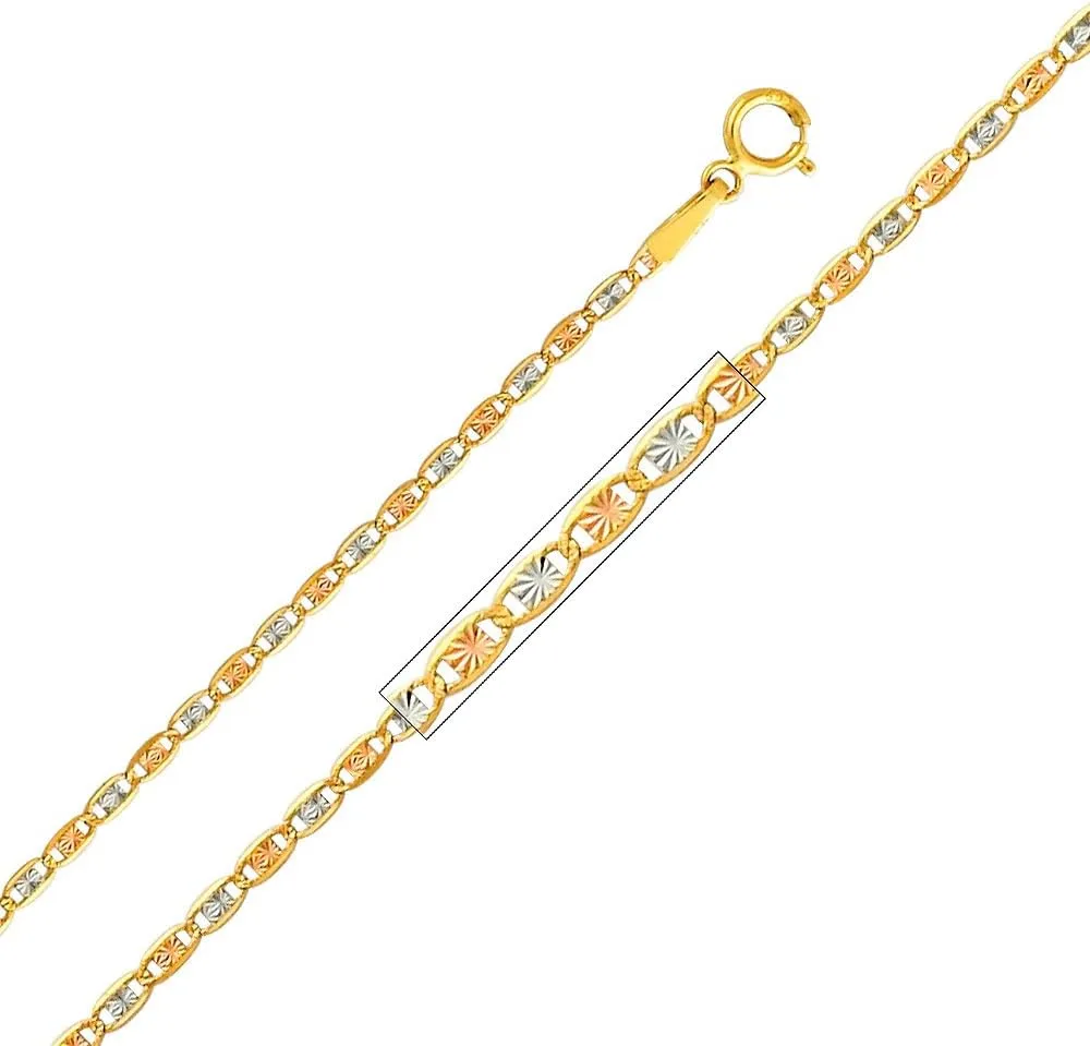 The World Jewelry Center 14k Tri Color Gold Flower in Heart Pendant with 1.5mm Valentino Diamond Cut Chain Necklace