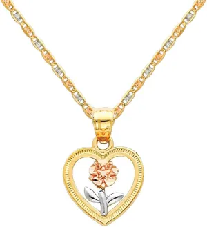 The World Jewelry Center 14k Tri Color Gold Flower in Heart Pendant with 1.5mm Valentino Diamond Cut Chain Necklace