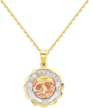 The World Jewelry Center 14k Tri-Color Gold Religious Baptism Pendant with 0.9mm Cable Chain Necklace