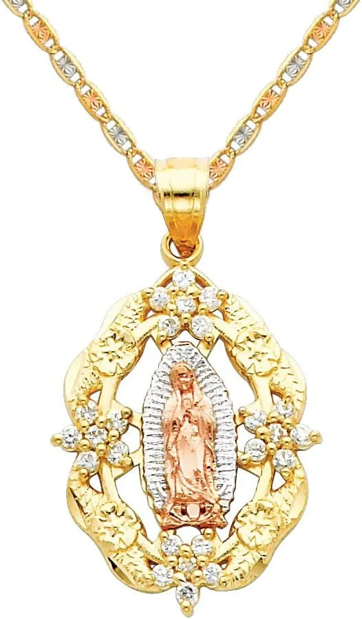 The World Jewelry Center 14k Tri Color Gold Religious Mary Guadlupe CZ Pendant with 1.5mm Valentino Diamond Cut Chain Necklace